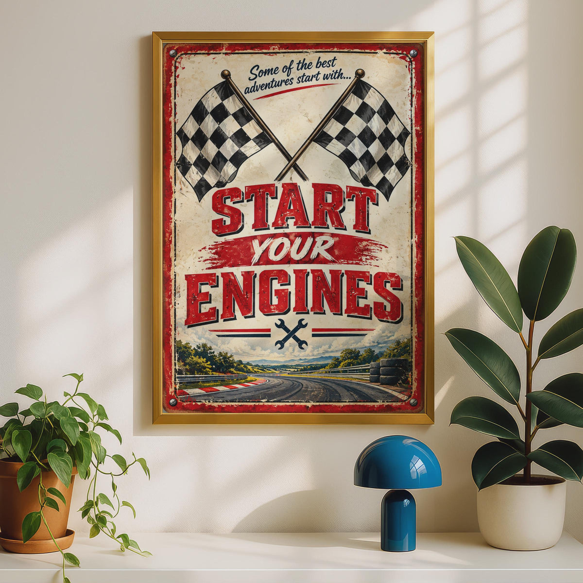 Start Your Engines Retro Racing Poster, Chequered Flag Motorsport Wall Art (A4)
