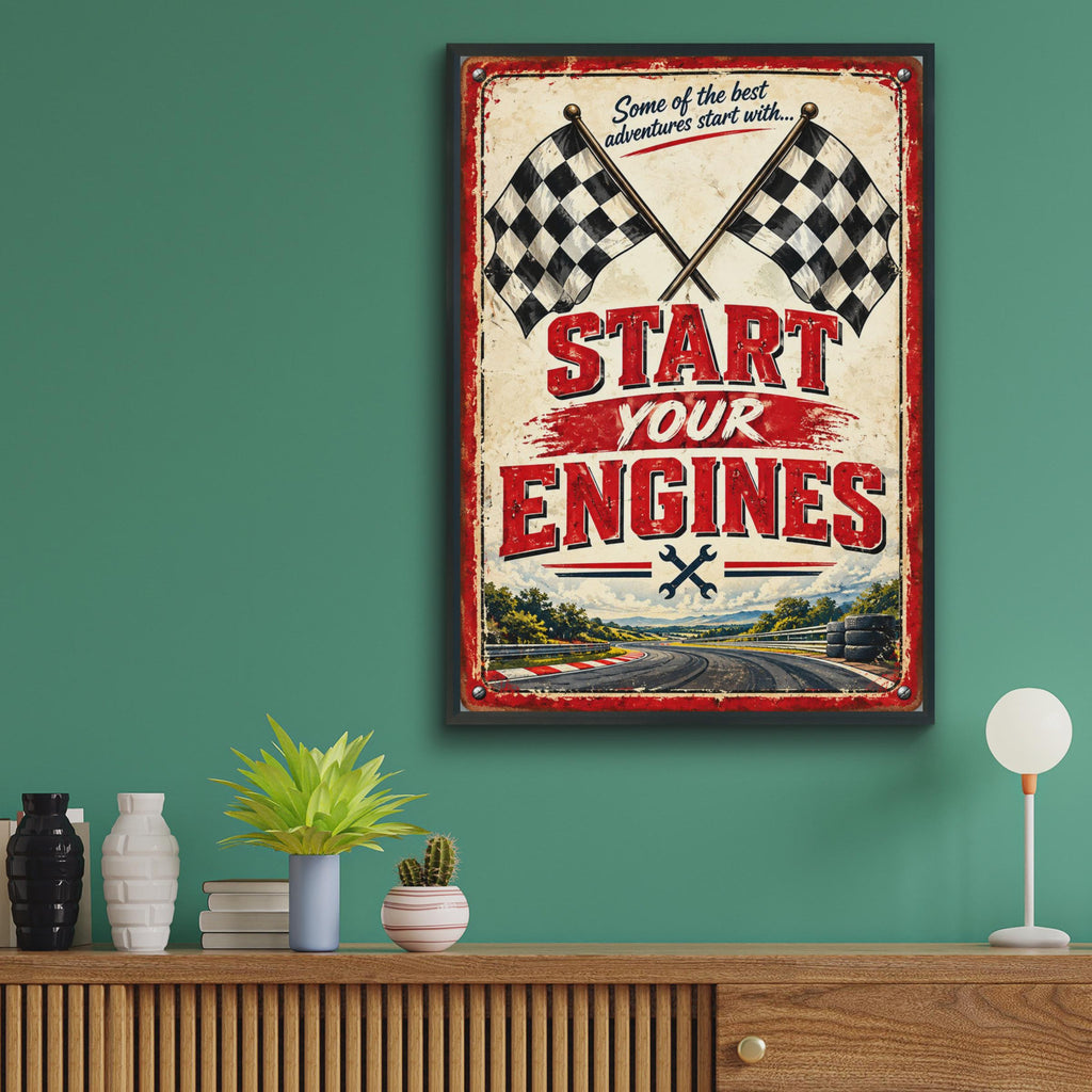 Start Your Engines Retro Racing Poster, Chequered Flag Motorsport Wall Art (A4)