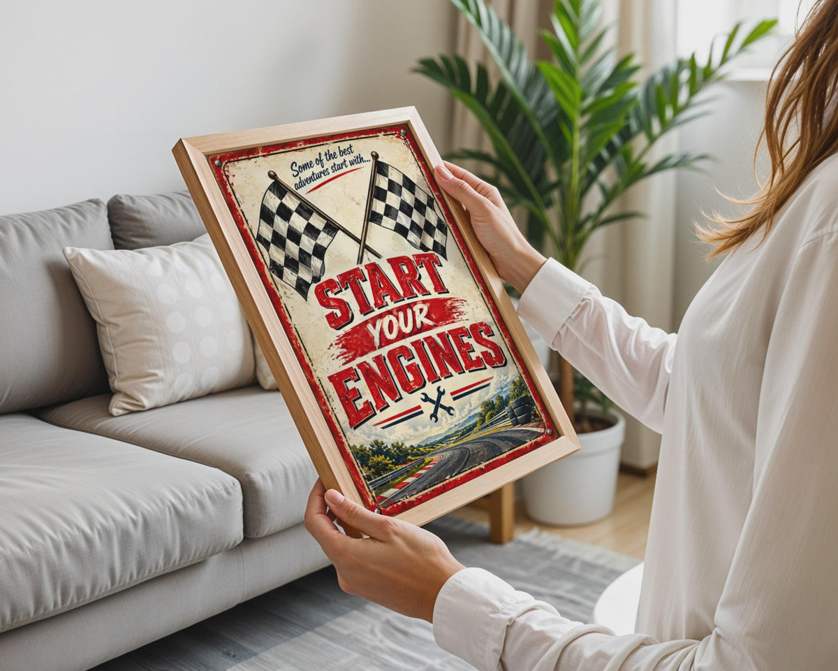 Start Your Engines Retro Racing Poster, Chequered Flag Motorsport Wall Art (A4)
