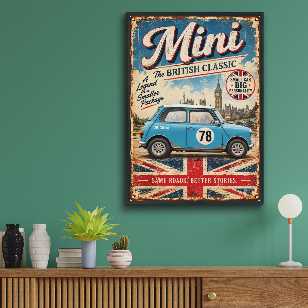 Retro Mini Cooper Poster, British Classic Car Art, Big Ben, Union Jack (Print)