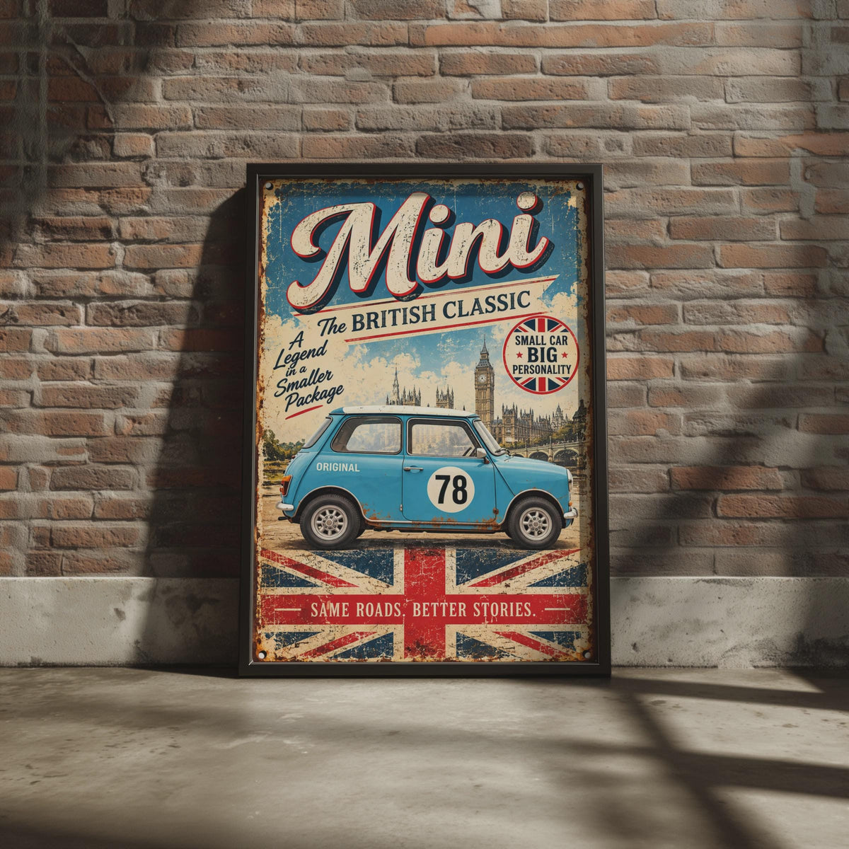 Retro Mini Cooper Poster, British Classic Car Art, Big Ben, Union Jack (Print)