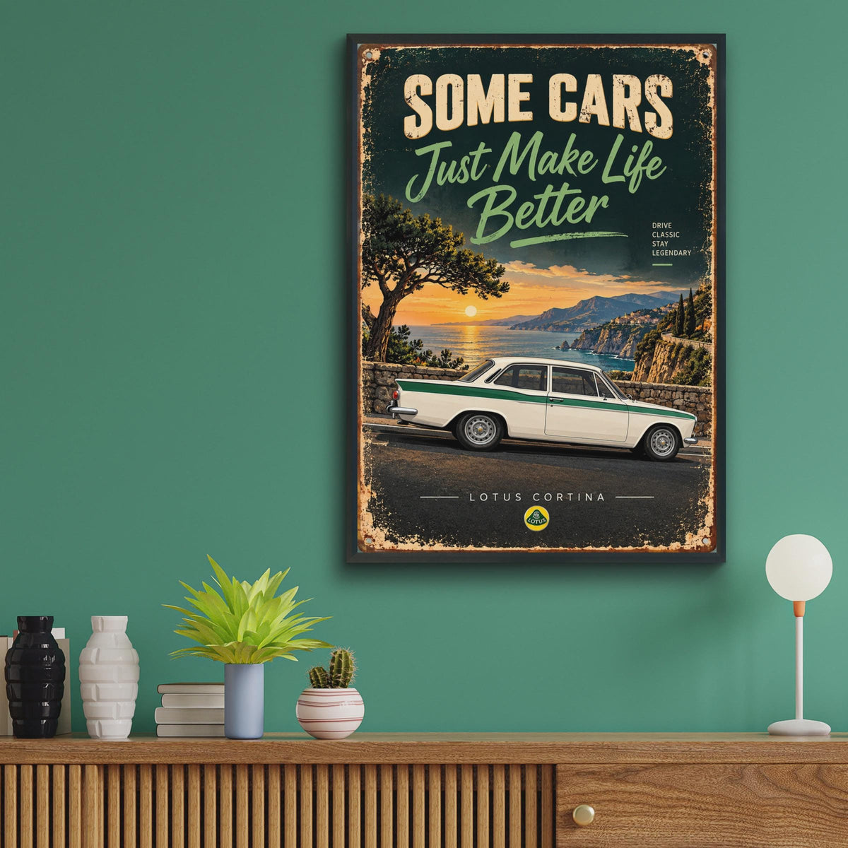 Lotus Cortina Classic Car Poster, Retro British Saloon, Coastal Sunset Art Print