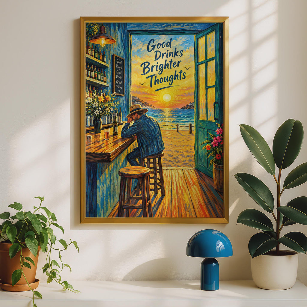 Van Gogh Style Beach Bar Poster, Sunset Ocean Quote, Coastal Home Decor (A4 Print)