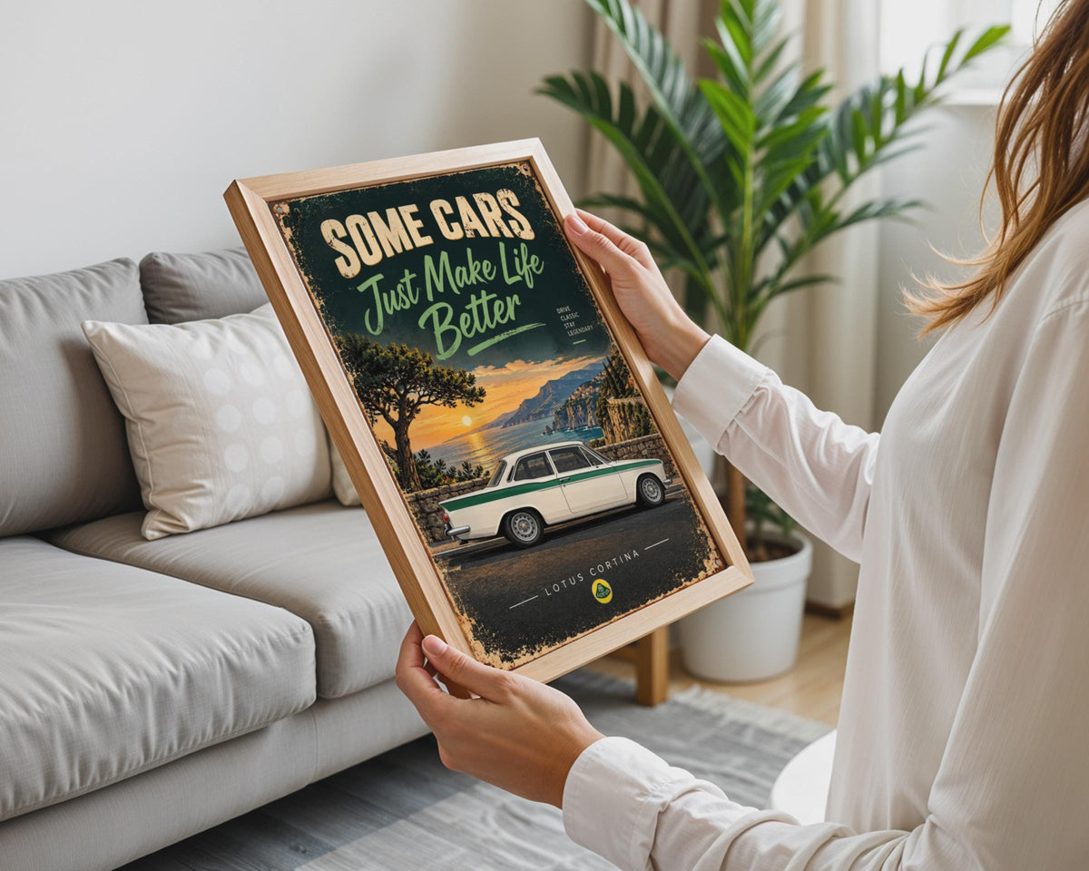 Lotus Cortina Classic Car Poster, Retro British Saloon, Coastal Sunset Art Print