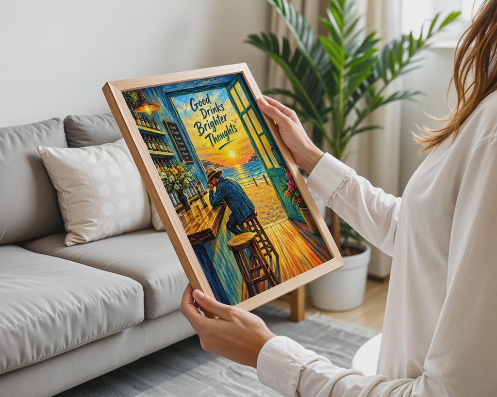 Van Gogh Style Beach Bar Poster, Sunset Ocean Quote, Coastal Home Decor (A4 Print)