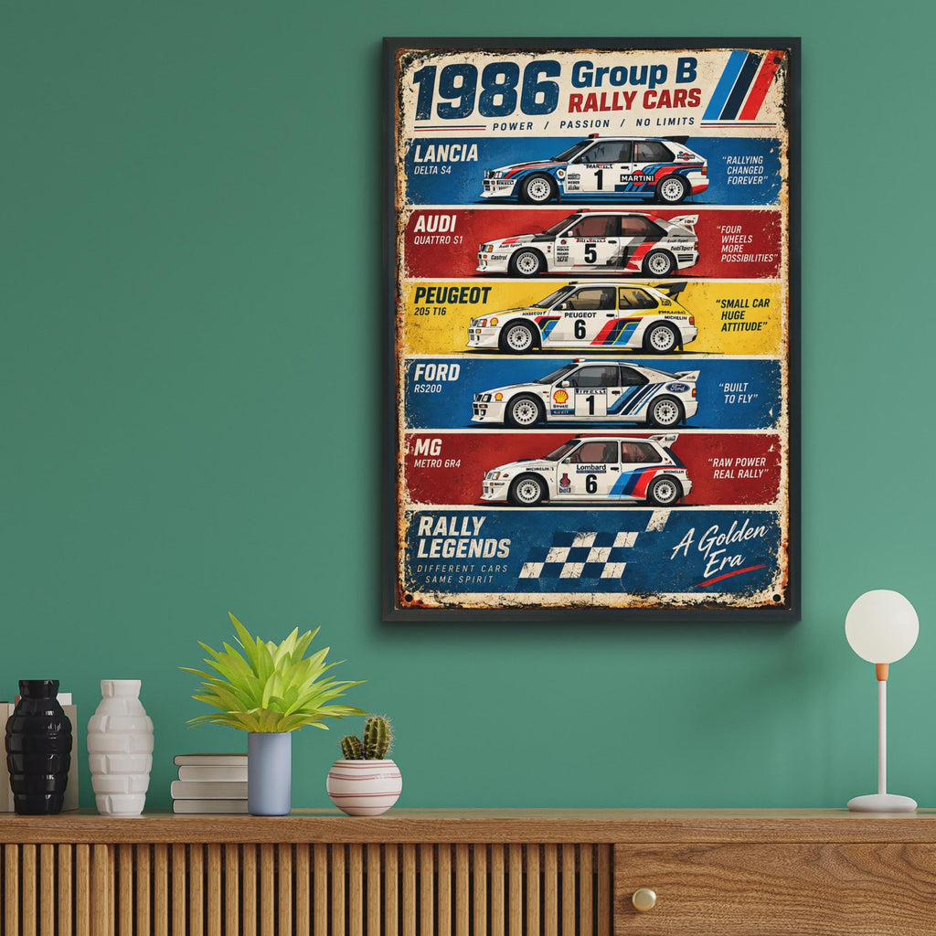 1986 Group B Rally Cars Poster: Lancia, Audi, Peugeot, Ford, MG Wall Art Print