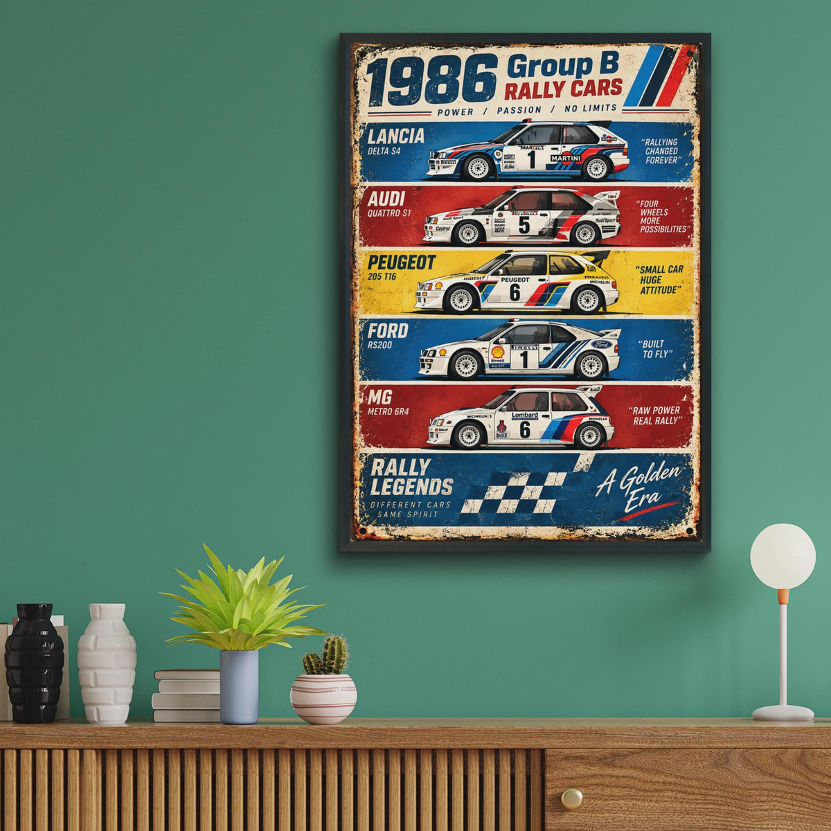 1986 Group B Rally Cars Poster: Lancia, Audi, Peugeot, Ford, MG Wall Art Print