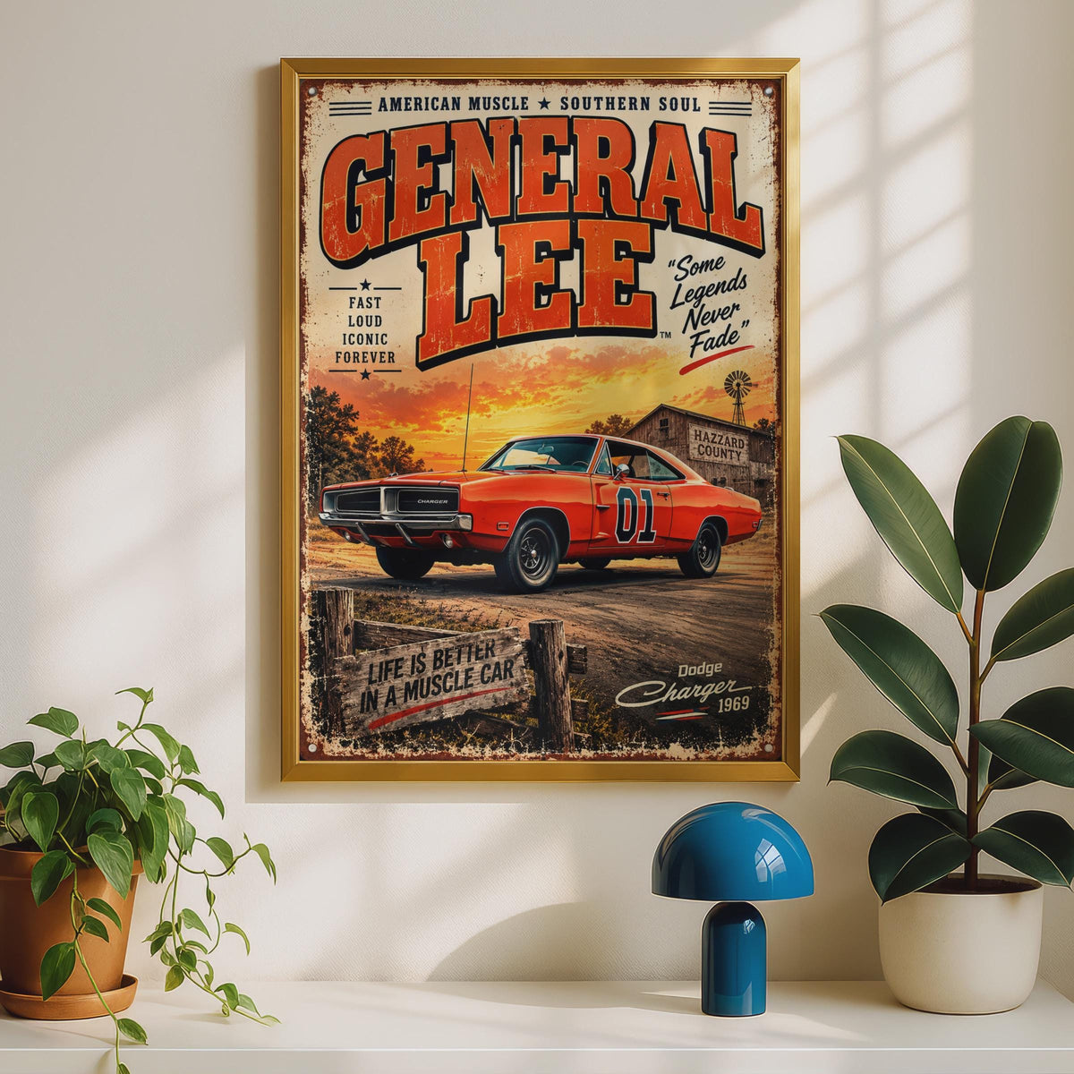General Lee 1969 Dodge Charger Poster, Dukes of Hazzard Retro Wall Art (A4)
