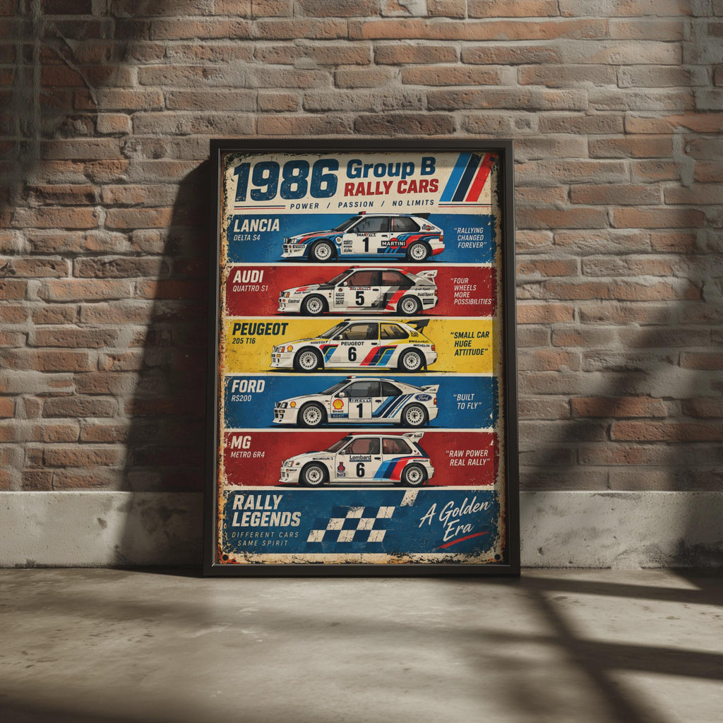 1986 Group B Rally Cars Poster: Lancia, Audi, Peugeot, Ford, MG Wall Art Print