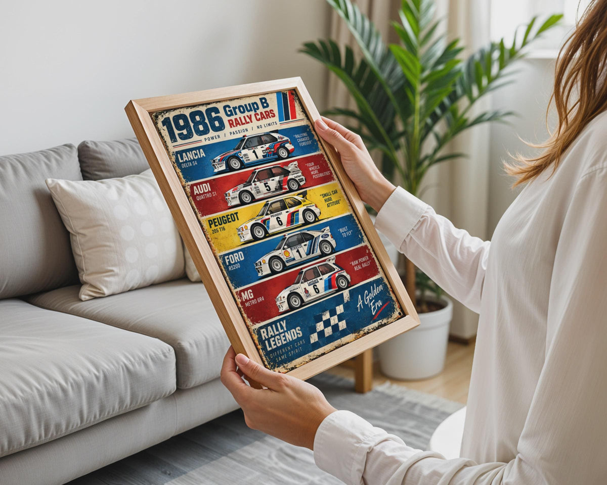 1986 Group B Rally Cars Poster: Lancia, Audi, Peugeot, Ford, MG Wall Art Print