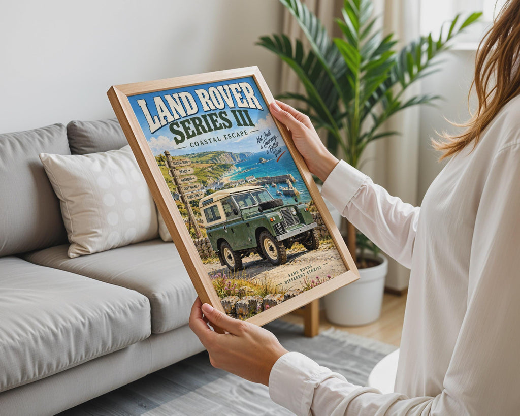Land Rover Series III Coastal Escape Poster, Retro British 4x4 Wall Art Print