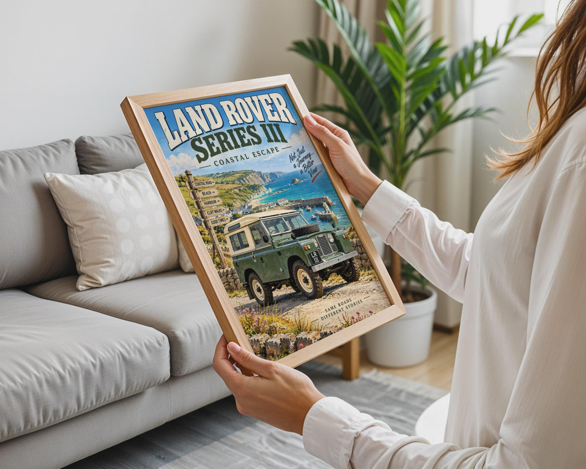 Land Rover Series III Coastal Escape Poster, Retro British 4x4 Wall Art Print
