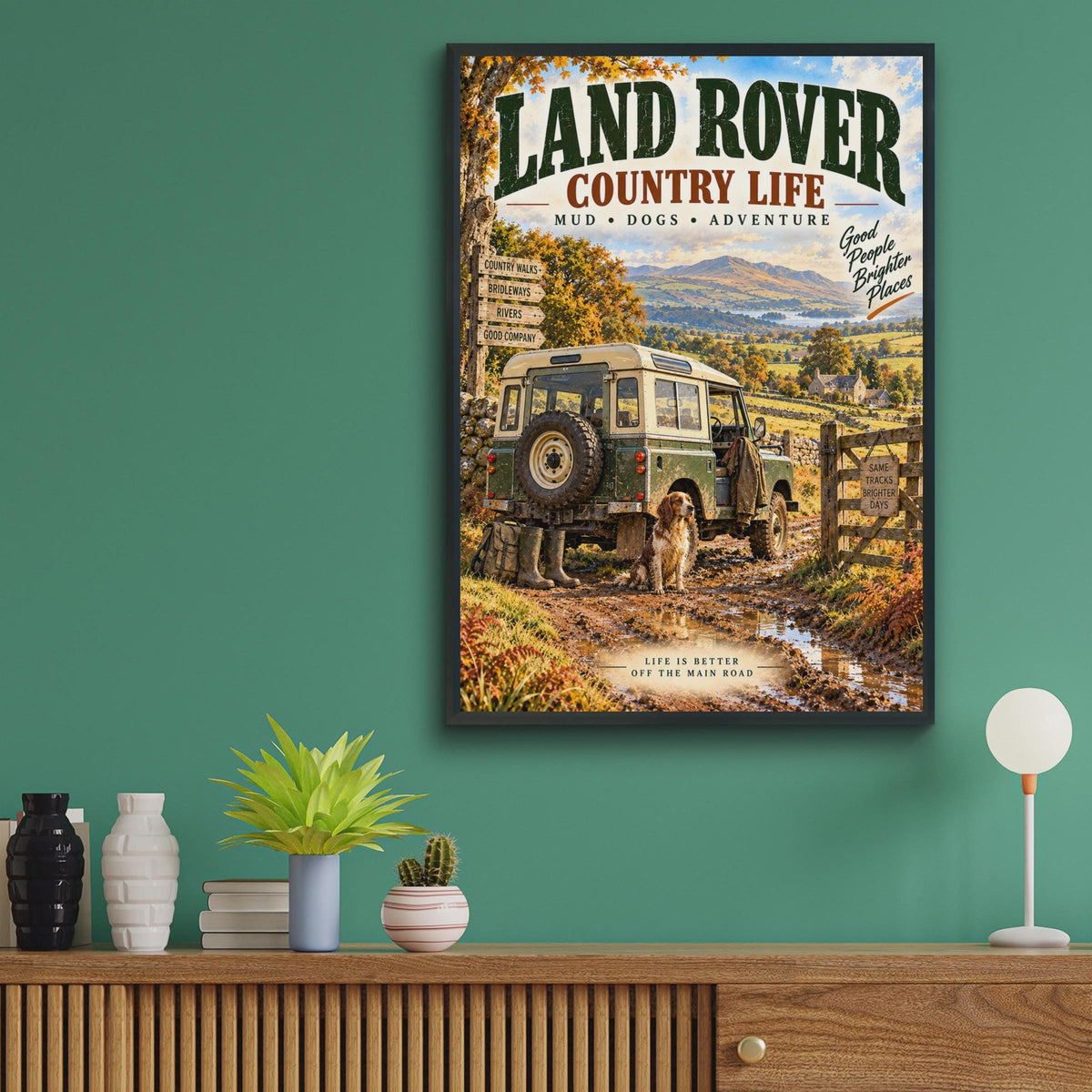 Land Rover Country Life Poster, Mud Dogs Adventure Print, British Countryside Wall Art