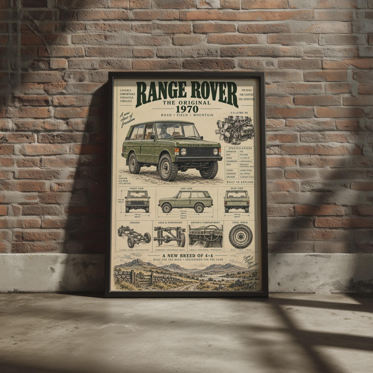 1970 Range Rover Blueprint Poster, Vintage 4x4 Car Art, Off-Road Garage Decor
