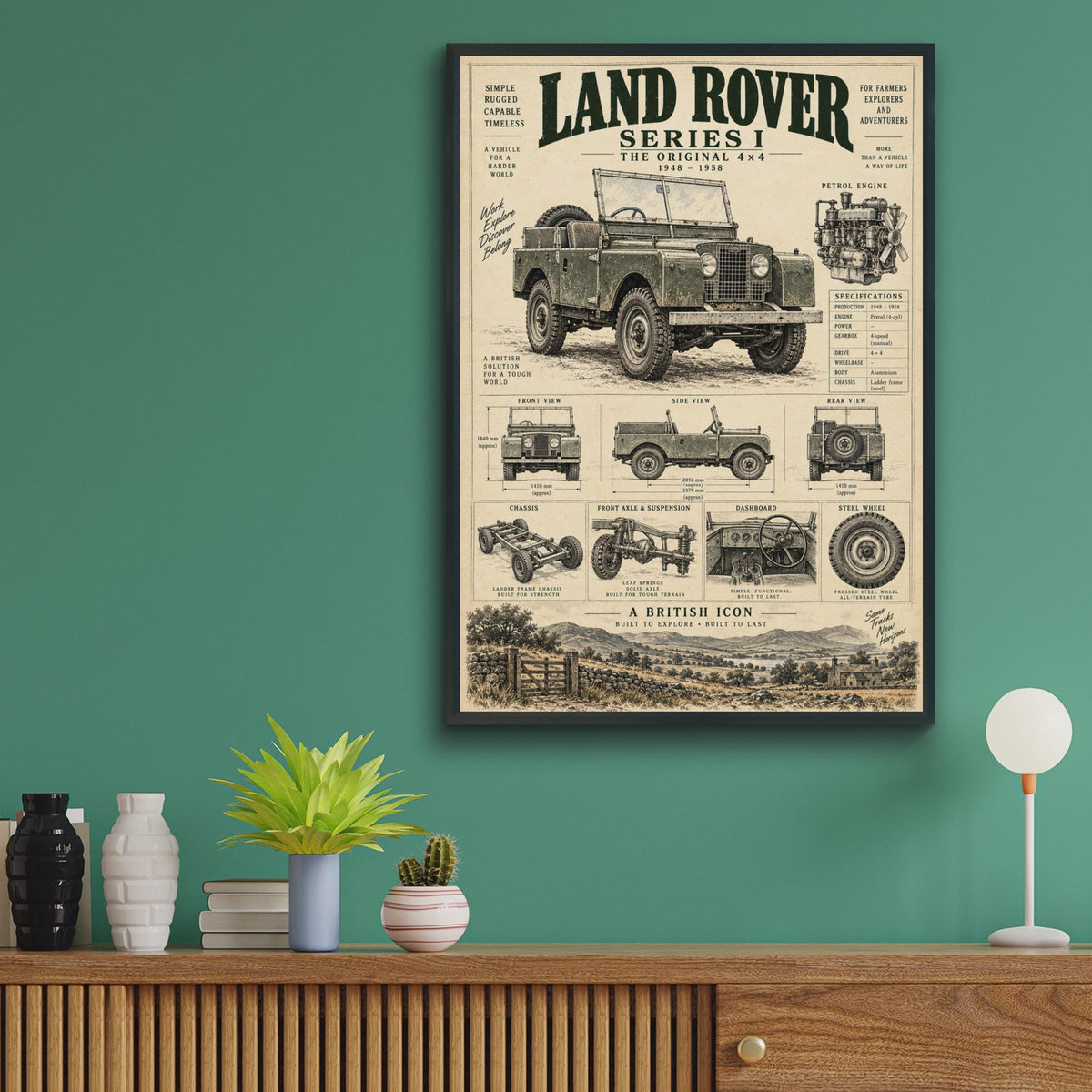 Land Rover Series I Blueprint Poster, Vintage 4x4 Technical Art Print (1948-1958)