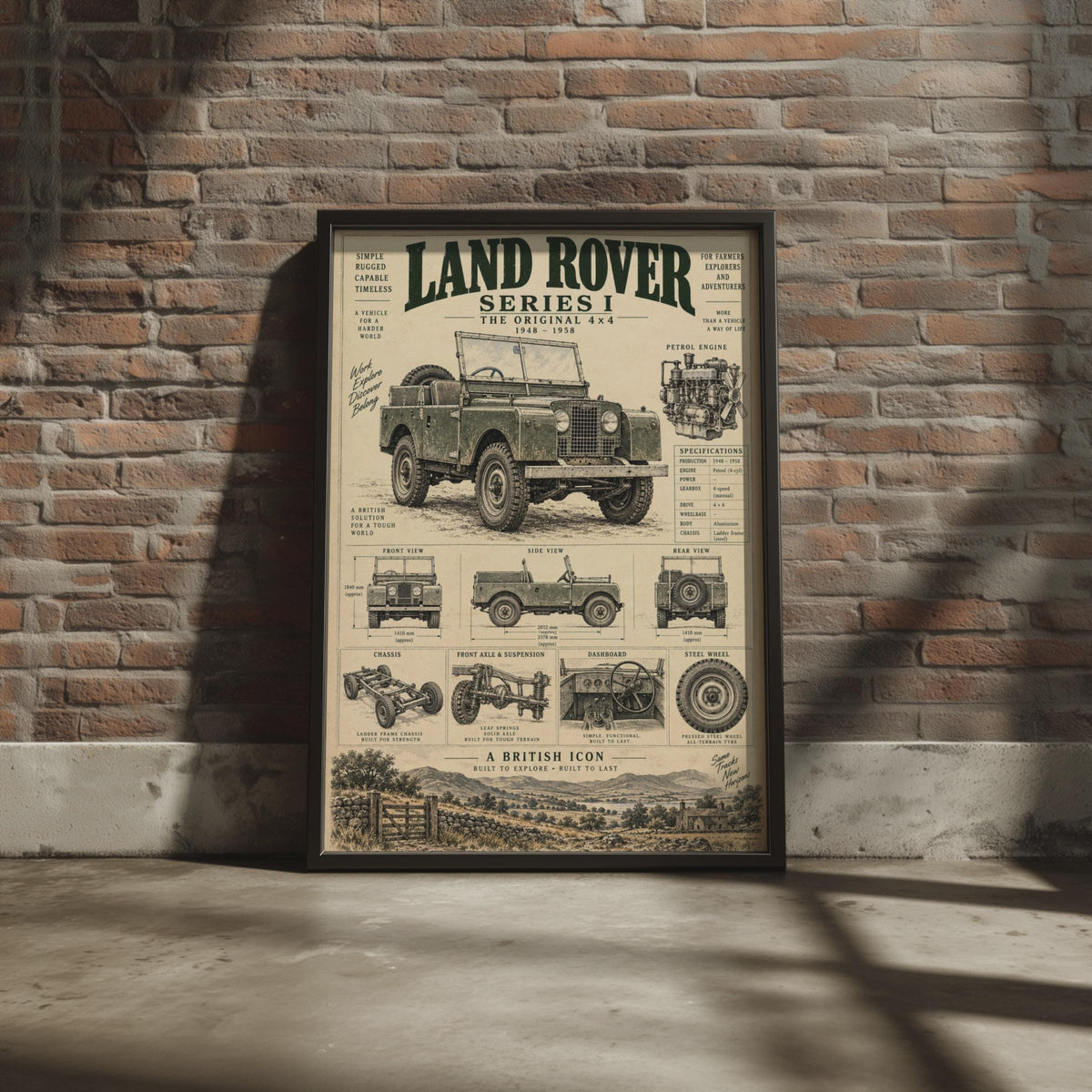 Land Rover Series I Blueprint Poster, Vintage 4x4 Technical Art Print (1948-1958)