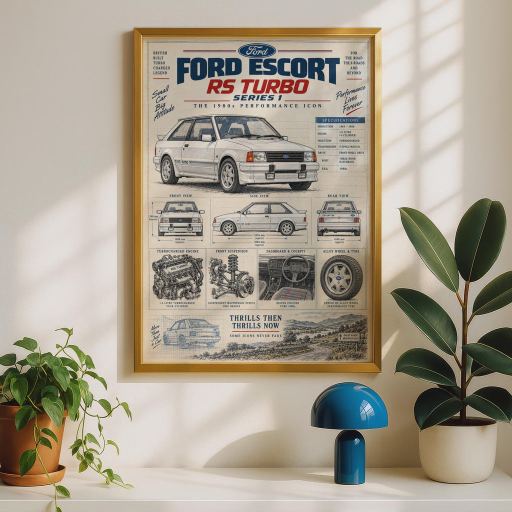 Ford Escort RS Turbo Series 1 Poster, 1980s Classic Car Print, Blueprint Wall Art, British Retro Car Gift