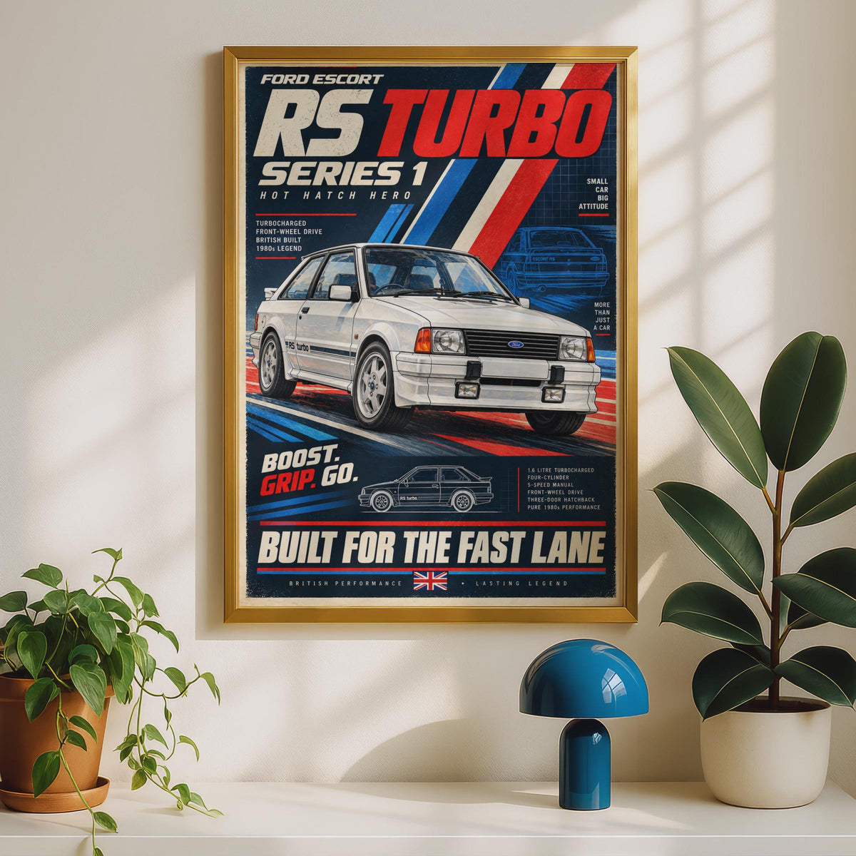 Ford Escort RS Turbo Series 1 Poster, Hot Hatch Wall Art, 1980s Classic Car Print, British Retro Motorsport Decor, Fast Lane