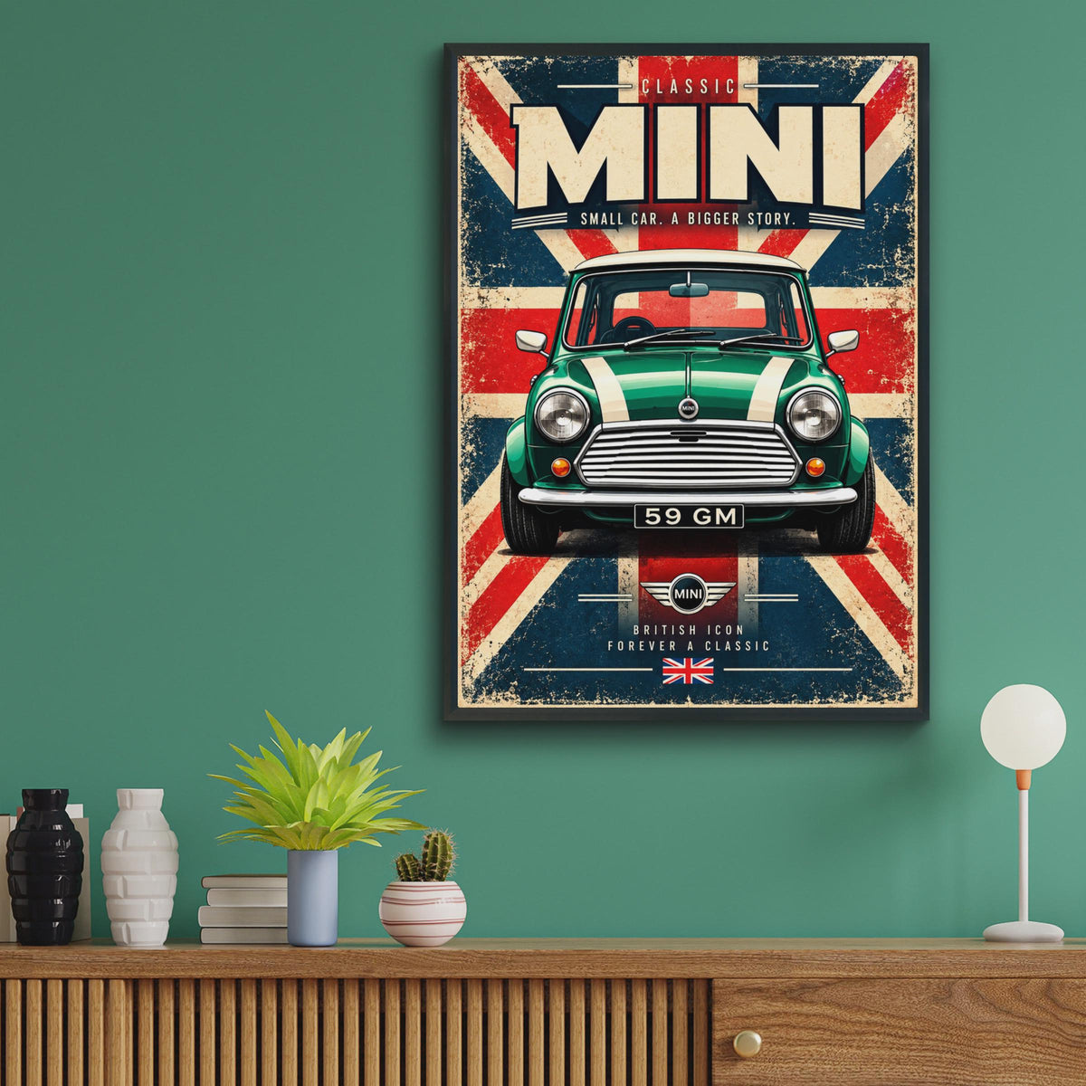 Classic Mini Cooper Retro Poster, British Racing Green, Union Jack Wall Art (A4)