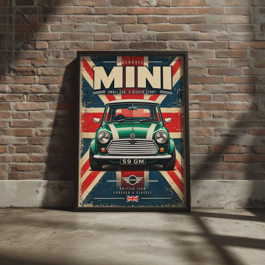 Classic Mini Cooper Retro Poster, British Racing Green, Union Jack Wall Art (A4)