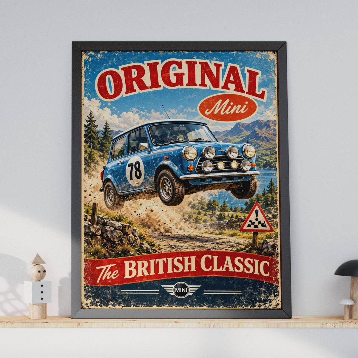 Original Mini Cooper Rally Poster, British Classic Car Print, Retro Racing Wall Art