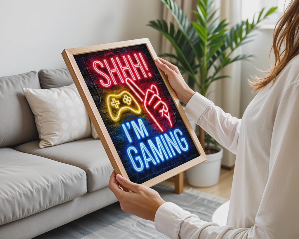 Neon Gaming Poster, Shhh I'm Gaming, Arcade Wall Art (Print)