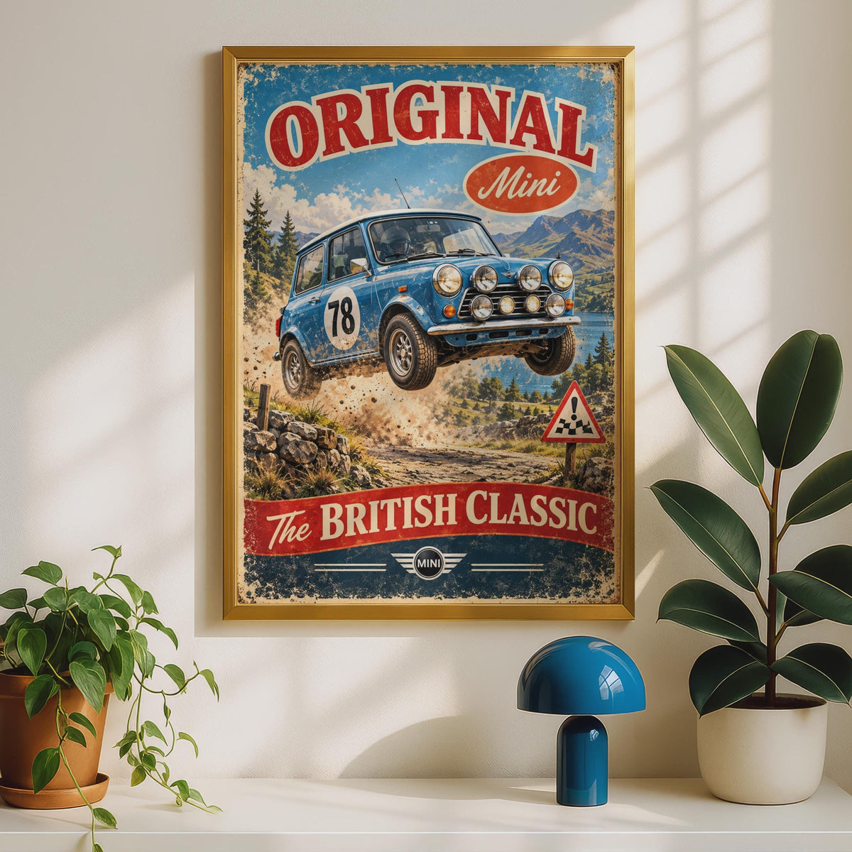 Original Mini Cooper Rally Poster, British Classic Car Print, Retro Racing Wall Art