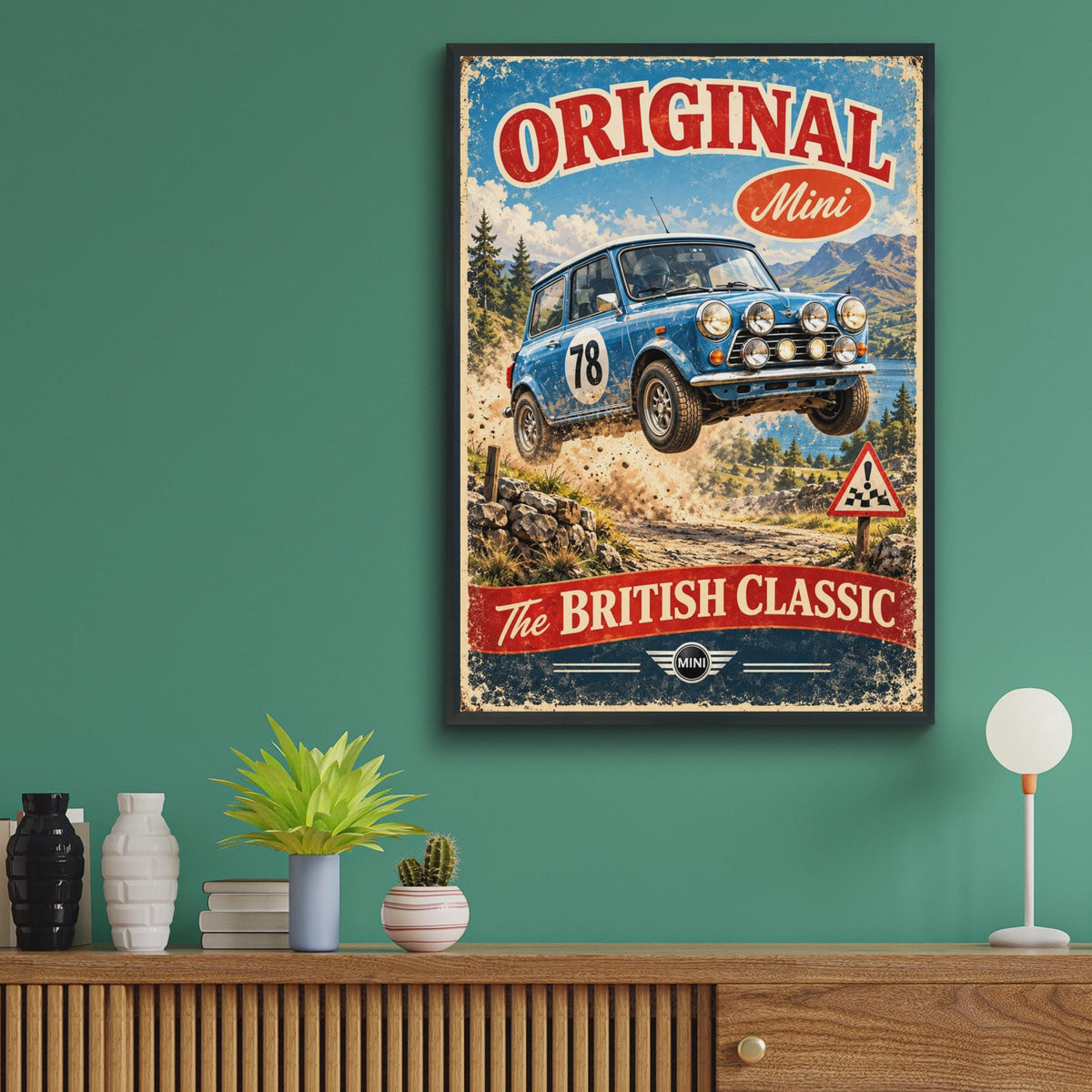 Original Mini Cooper Rally Poster, British Classic Car Print, Retro Racing Wall Art