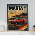 Opel Manta Retro Poster, 70s German Car Print, Coastal Sunset Wall Art (A4)