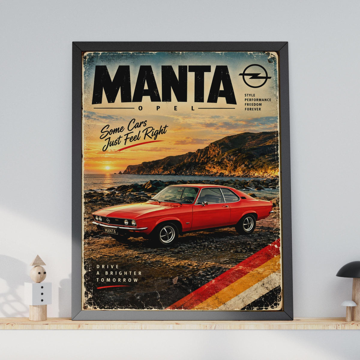 Opel Manta Retro Poster, 70s German Car Print, Coastal Sunset Wall Art (A4)
