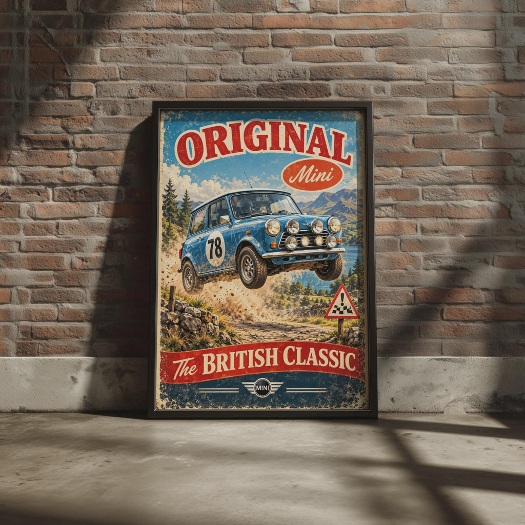 Original Mini Cooper Rally Poster, British Classic Car Print, Retro Racing Wall Art