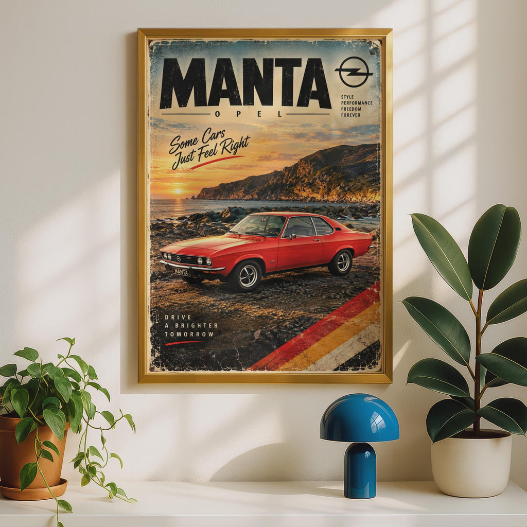Opel Manta Retro Poster, 70s German Car Print, Coastal Sunset Wall Art (A4)