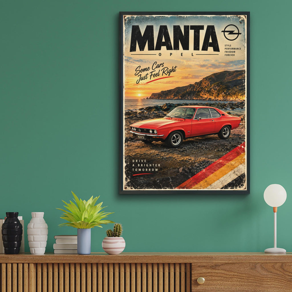 Opel Manta Retro Poster, 70s German Car Print, Coastal Sunset Wall Art (A4)