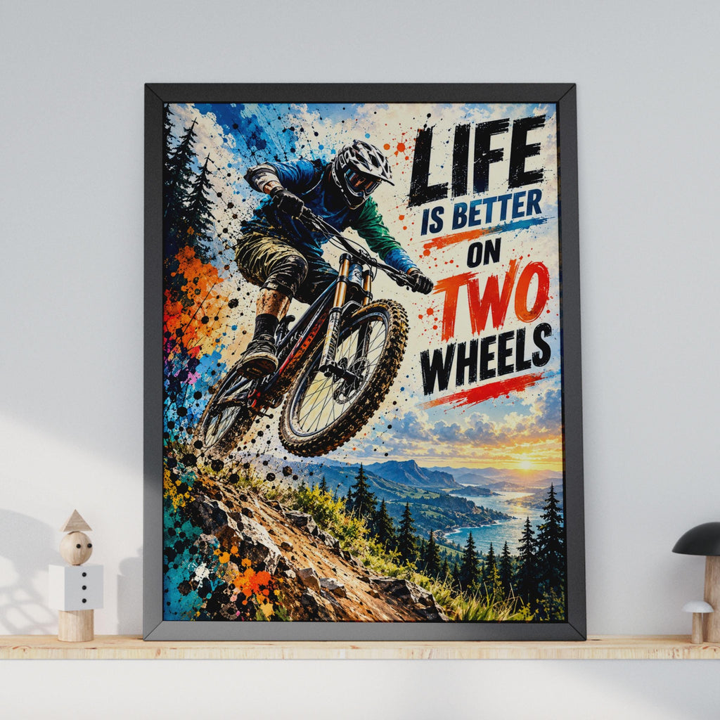 Mountain Biking Poster, Downhill Rider, Coastal Sunset, Grunge Typography (Print)