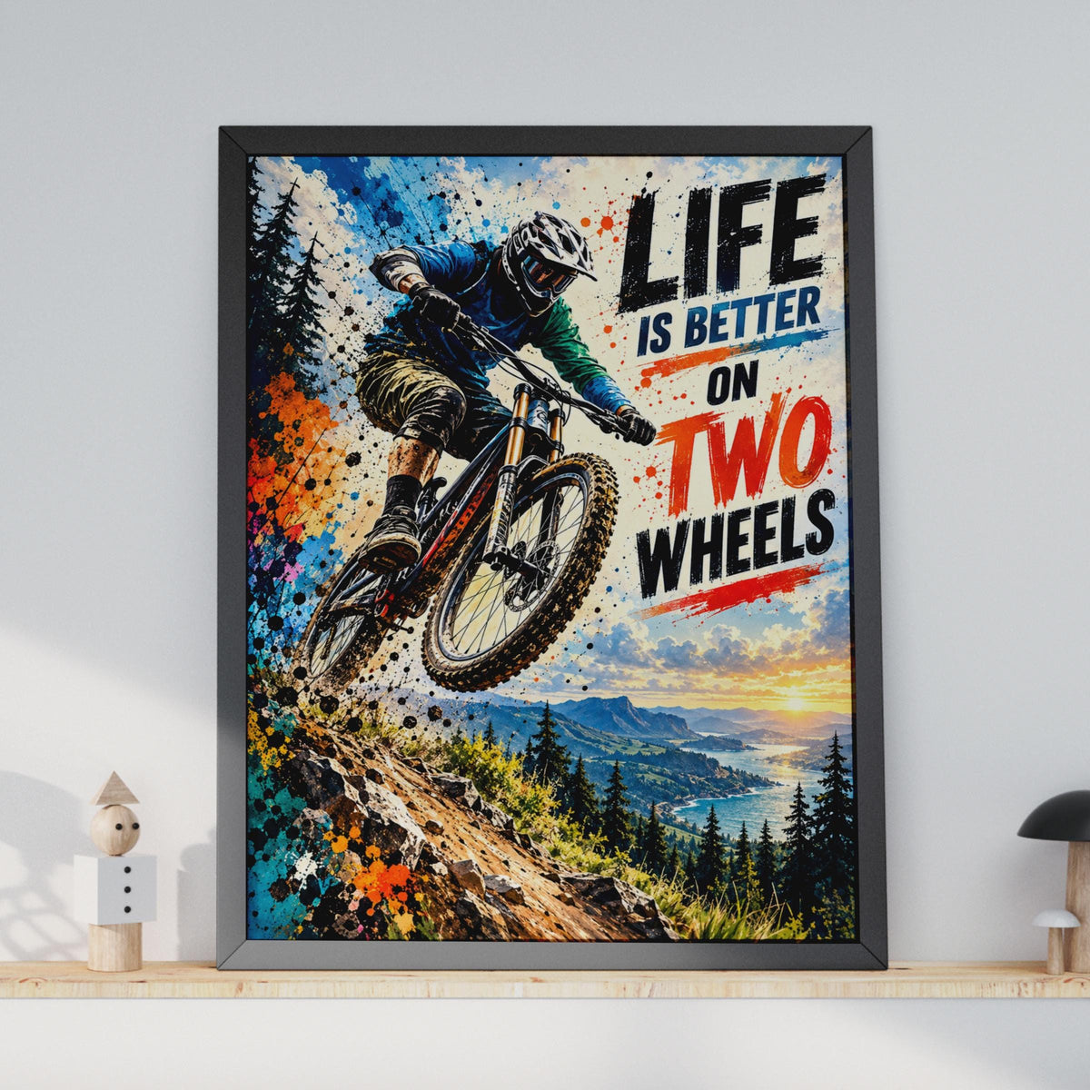 Mountain Biking Poster, Downhill Rider, Coastal Sunset, Grunge Typography (Print)