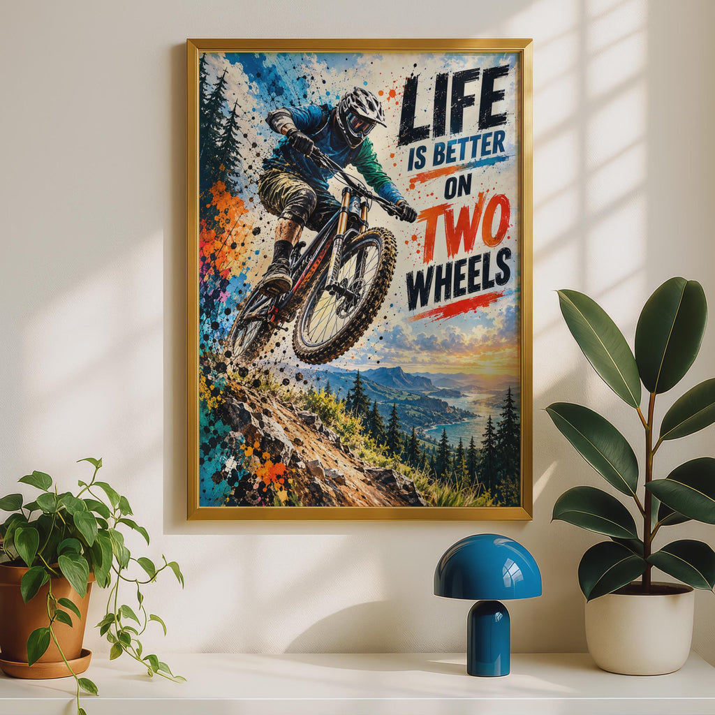 Mountain Biking Poster, Downhill Rider, Coastal Sunset, Grunge Typography (Print)
