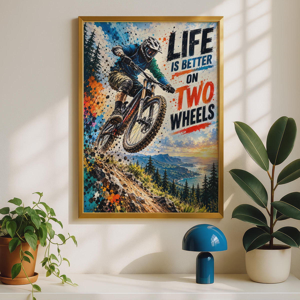 Mountain Biking Poster, Downhill Rider, Coastal Sunset, Grunge Typography (Print)