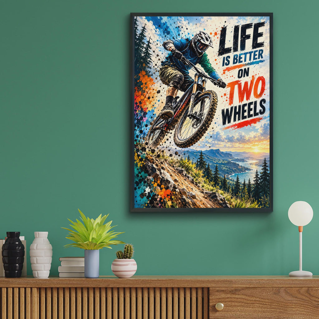 Mountain Biking Poster, Downhill Rider, Coastal Sunset, Grunge Typography (Print)