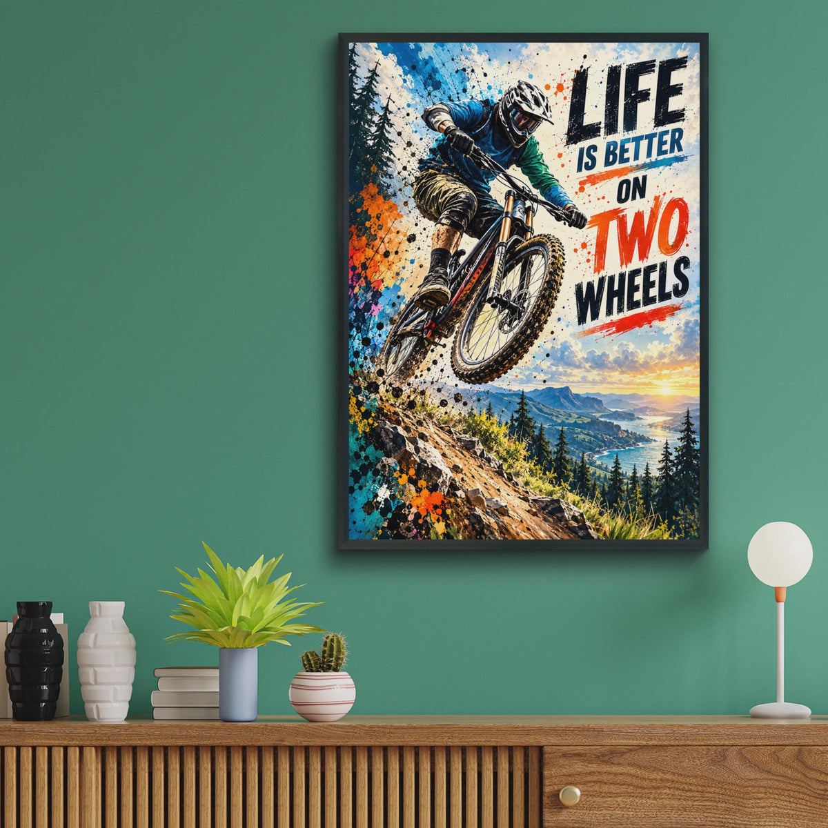 Mountain Biking Poster, Downhill Rider, Coastal Sunset, Grunge Typography (Print)