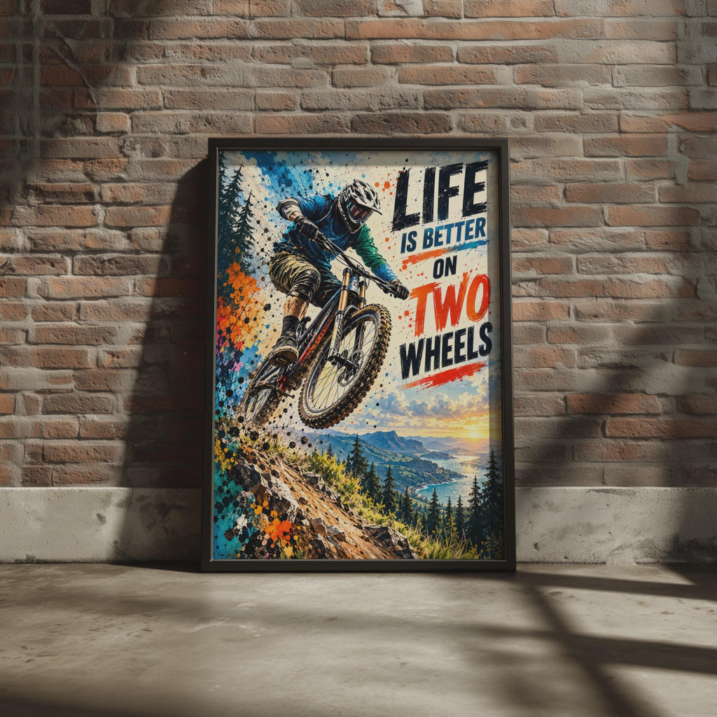 Mountain Biking Poster, Downhill Rider, Coastal Sunset, Grunge Typography (Print)