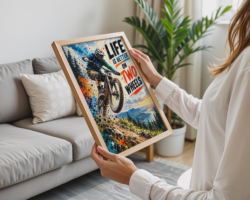 Mountain Biking Poster, Downhill Rider, Coastal Sunset, Grunge Typography (Print)