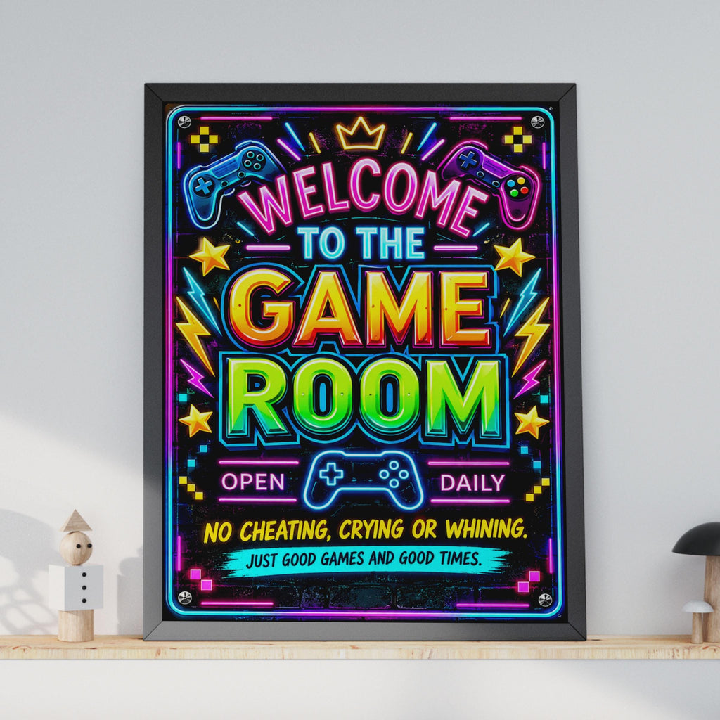 Neon Game Room Poster, Gamer Wall Art, Boys Bedroom Decor (Print)