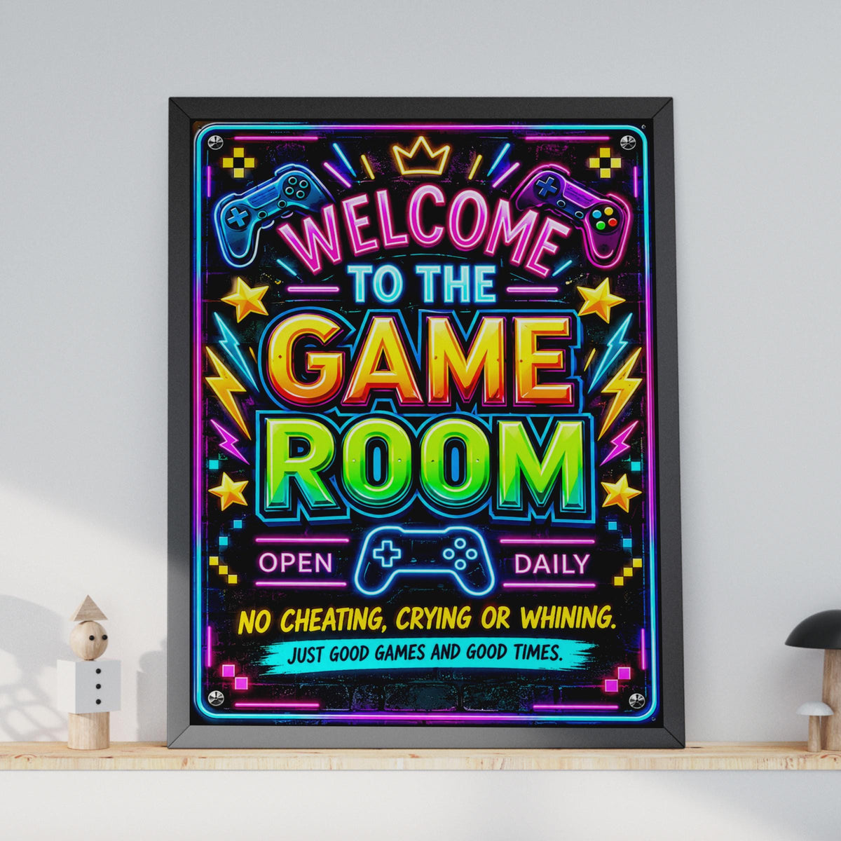 Neon Game Room Poster, Gamer Wall Art, Boys Bedroom Decor (Print)