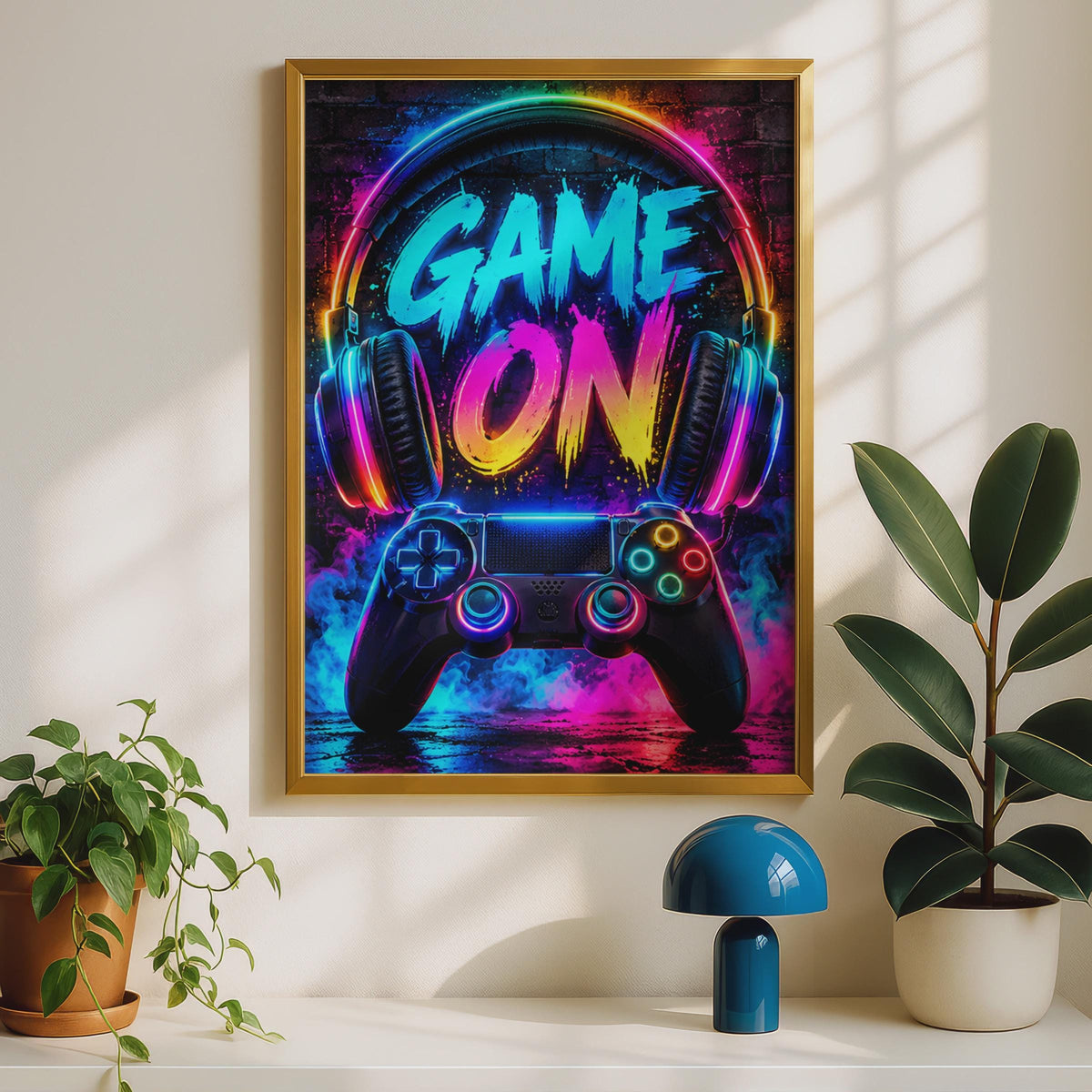 Neon Graffiti Gaming Poster, RGB Controller Headphones Wall Art (A4)