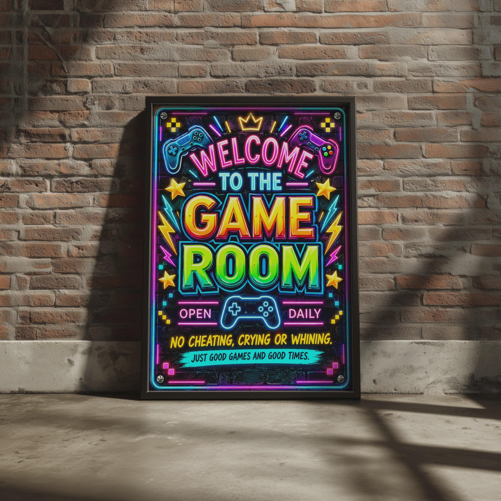Neon Game Room Poster, Gamer Wall Art, Boys Bedroom Decor (Print)