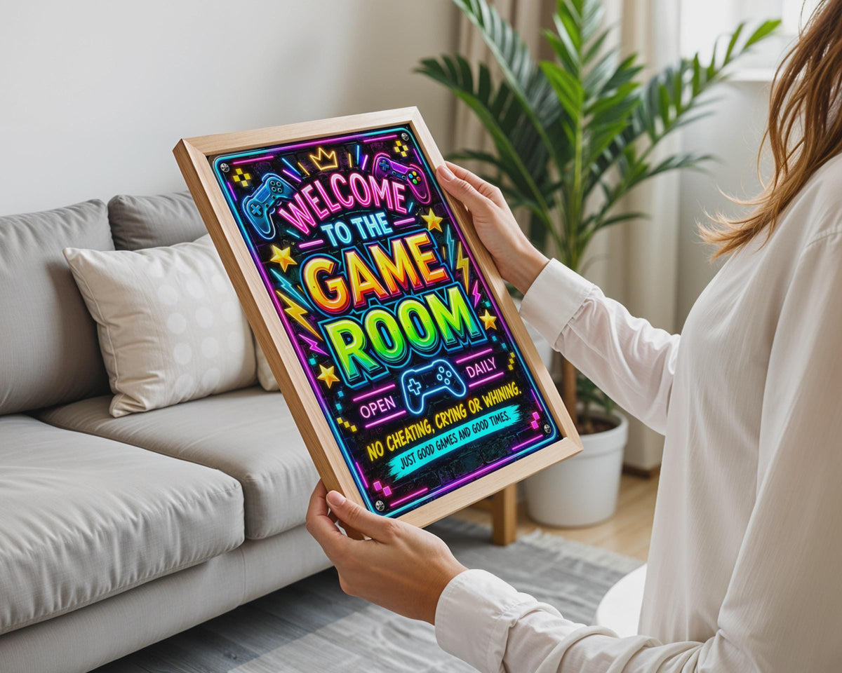 Neon Game Room Poster, Gamer Wall Art, Boys Bedroom Decor (Print)