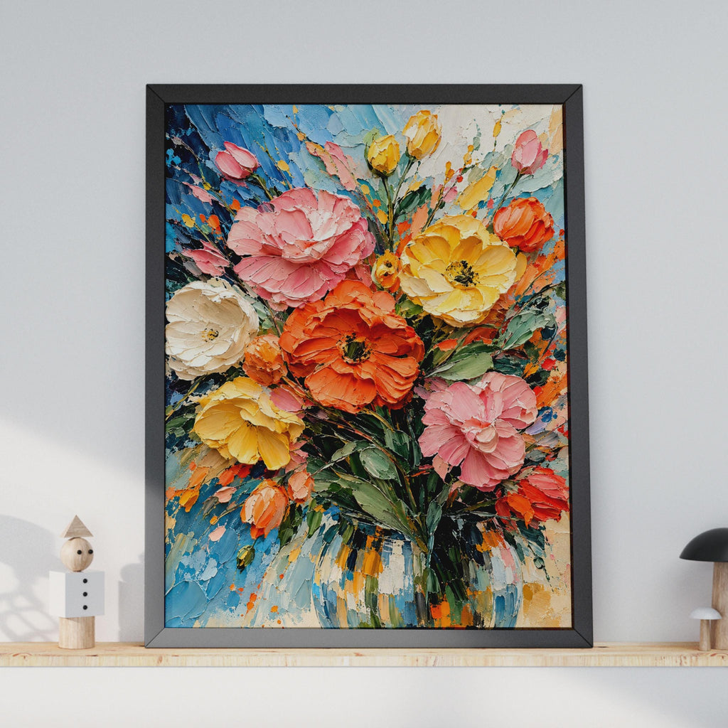 Impasto Floral Bouquet Poster, Bold Pink Orange Yellow Flowers, Textured Painting Style (A4)