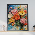 Impasto Floral Bouquet Poster, Bold Pink Orange Yellow Flowers, Textured Painting Style (A4)