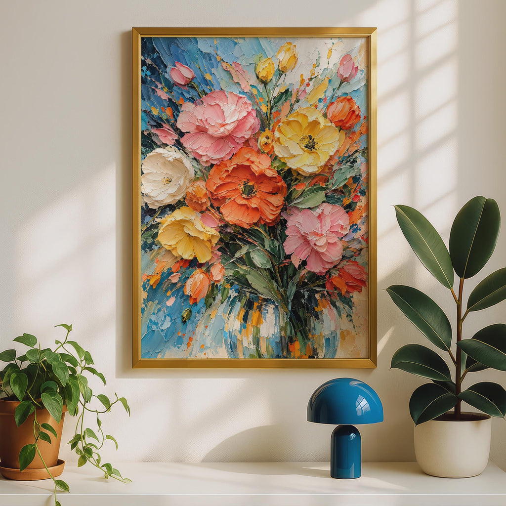 Impasto Floral Bouquet Poster, Bold Pink Orange Yellow Flowers, Textured Painting Style (A4)