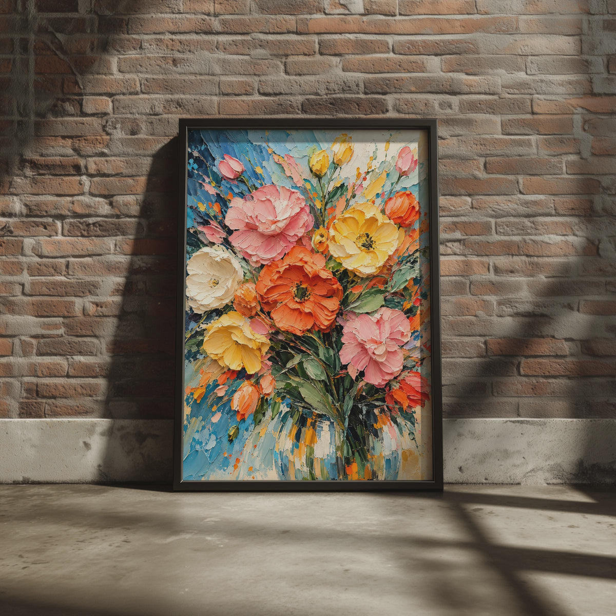 Impasto Floral Bouquet Poster, Bold Pink Orange Yellow Flowers, Textured Painting Style (A4)